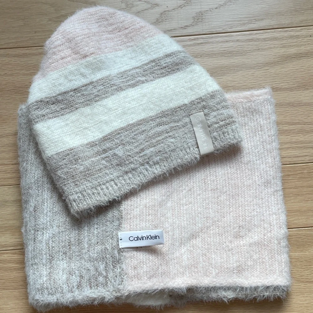 Calvin Klein Fuzzy Coordinated Pink, Almond & White Hat & Neck Scarf Wrap